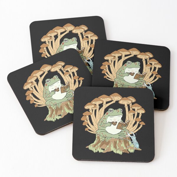 Item preview, Stag Beetle, Mushroom and Cute Frog with Coffee and Book on Tree Stump, Cottagecore Illustration designed and sold by LeshanArt.