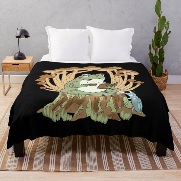 Item preview, Stag Beetle, Mushroom and Cute Frog with Coffee and Book on Tree Stump, Cottagecore Illustration designed and sold by LeshanArt.