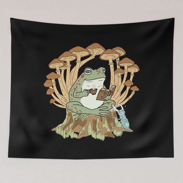 Item preview, Stag Beetle, Mushroom and Cute Frog with Coffee and Book on Tree Stump, Cottagecore Illustration designed and sold by LeshanArt.