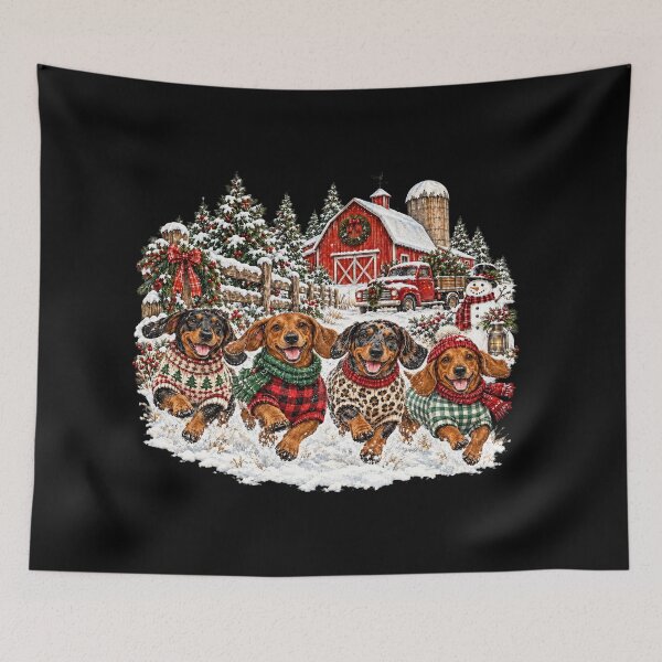 Item preview, Four Christmas Dachshunds Running Through Snowy Farm designed and sold by MurillaJeremy.