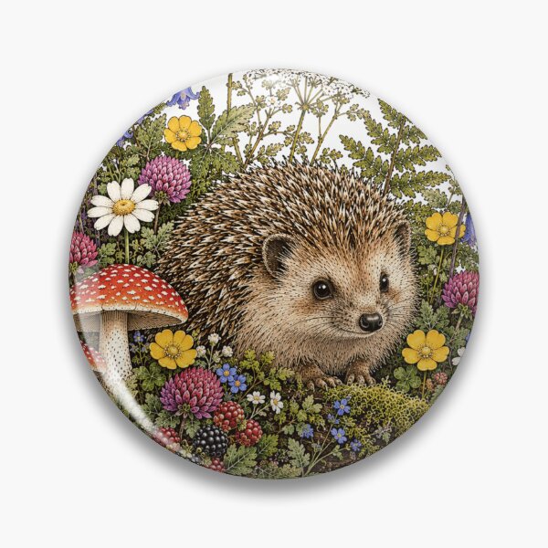 Artikelvorschau, Vintage-Illustration eines Igels und einer Wildblumenwiese im Wald entworfen und verkauft von lovepower.