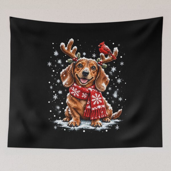 Item preview, Christmas Dachshund Wearing Antlers with Red Cardinal designed and sold by MurillaJeremy.