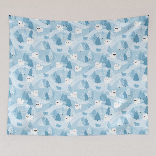 Item preview, Cute Samoyed Dogs Winter Snow Forest Pattern designed and sold by NicolasGlowArt.
