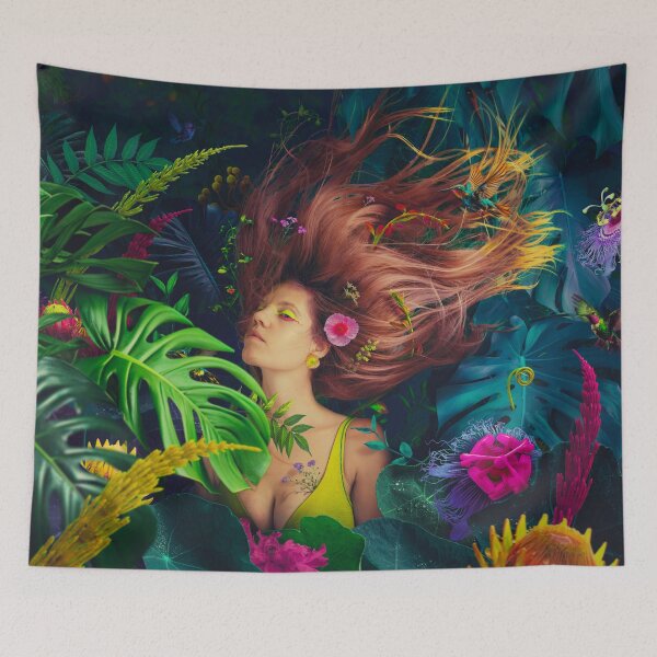 Item preview, Woman in Tropical Foliage with Flying Hair and Hummingbirds designed and sold by Vizerskaya.