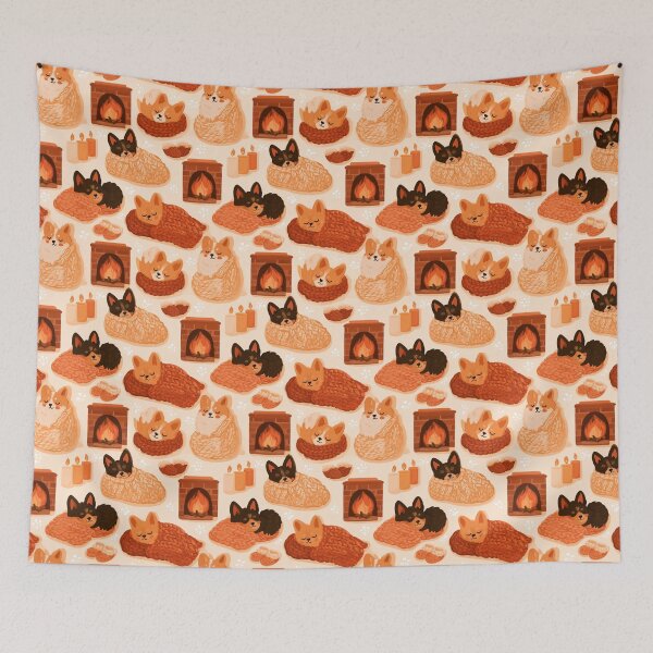 Item preview, Cozy Corgi Dogs Sleeping Winter Fireplace Pattern designed and sold by NicolasGlowArt.