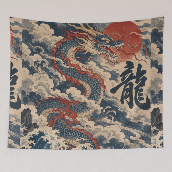 Item preview, Japanese Dragon - Blue Serpent Rising Above Crashing Waves designed and sold by bapupa.