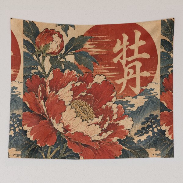 Item preview, Japanese Floral Art - Red Peonies Beneath Rising Sun designed and sold by bapupa.