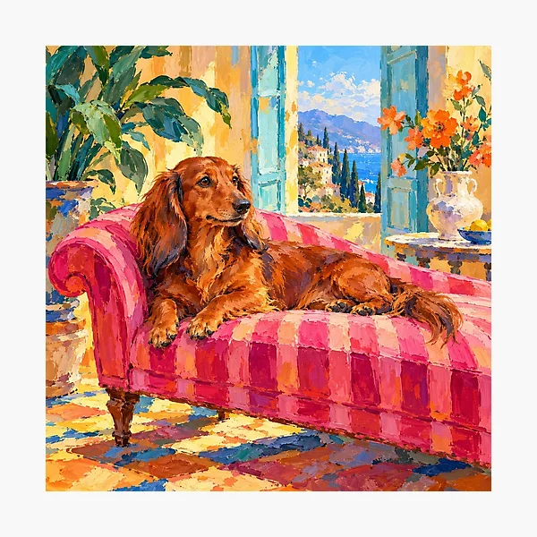 Vintage-Bild mit Langhaardackel auf dem Sofa – eigenes Design