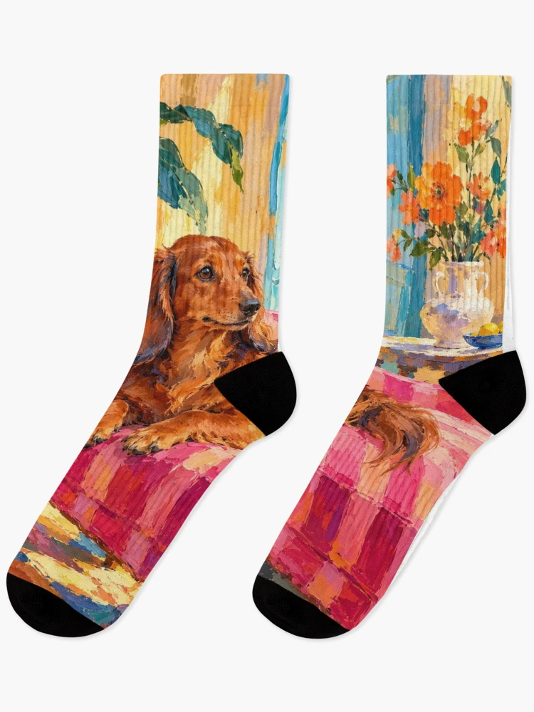 Langhaardackel-Socken mit Vintage-Motiv