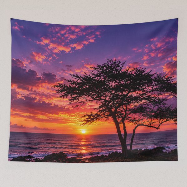 Item preview, Dramatic Purple and Orange Sunset Over the Ocean with Silhouette Tree designed and sold by Wild Bloom Paws.