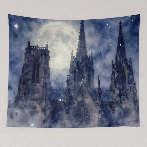 Item preview, Moonlit Gothic Cathedral in Midnight Blue Watercolor Fantasy designed and sold by cr6zym1nd.