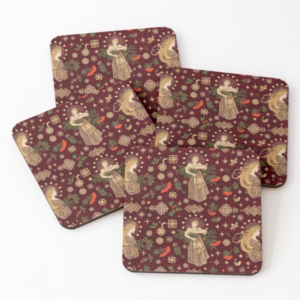 Item preview, Aino's Yule - Kalevala Christmas Duvet - Gallen-Kallela Inspired Burgundy Gold Goddess designed and sold by SisuPrintsCo.