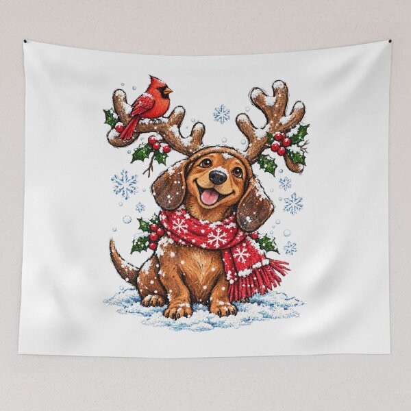 Item preview, Dachshund Wearing Snowy Antlers with Red Cardinal designed and sold by NgumohaLanke.