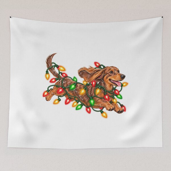 Item preview, Running Dachshund Wrapped in Colorful Christmas Lights designed and sold by NgumohaLanke.