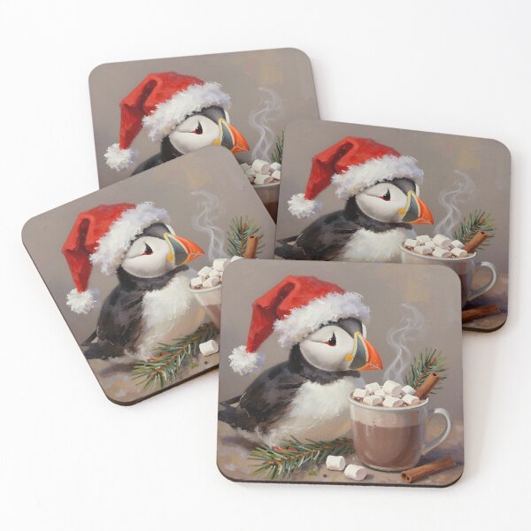 Item preview, Cozy Christmas Puffin with Santa Hat and Hot Chocolate – Cute Winter Bird Painting designed and sold by cr6zym1nd.
