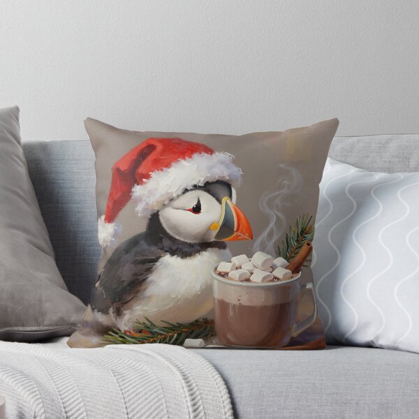 Item preview, Cozy Christmas Puffin with Santa Hat and Hot Chocolate – Cute Winter Bird Painting designed and sold by cr6zym1nd.