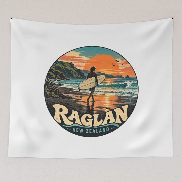 Item preview, Raglan New Zealand: Vintage Surf Art – Retro Sunset Beach Design designed and sold by CircinusStore.