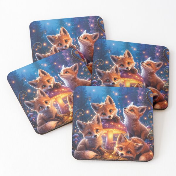 Item preview, Fox cubs in a magical night forest with glowing mushrooms designed and sold by Mauswohn.
