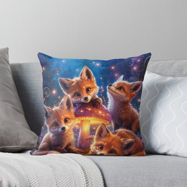 Item preview, Fox cubs in a magical night forest with glowing mushrooms designed and sold by Mauswohn.