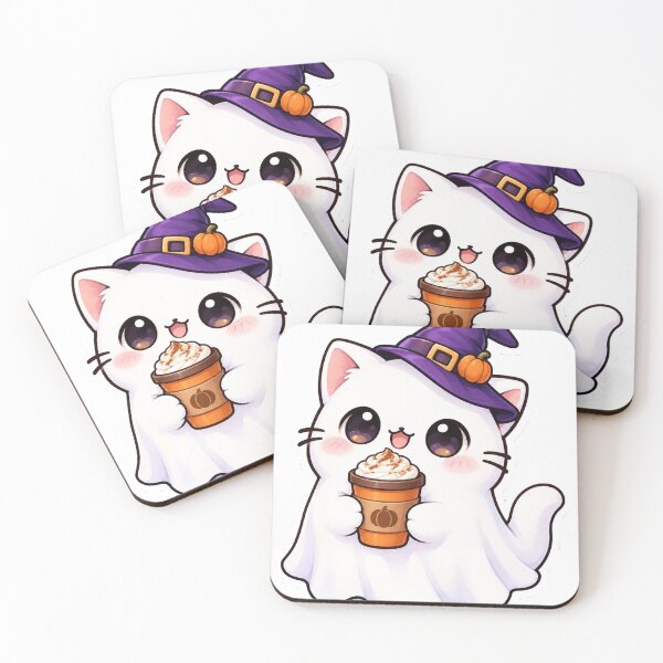 Item preview, Cute Ghost Cat with Witch Hat and Pumpkin Latte - Kawaii Halloween Kitten designed and sold by SaeedArtStudio.