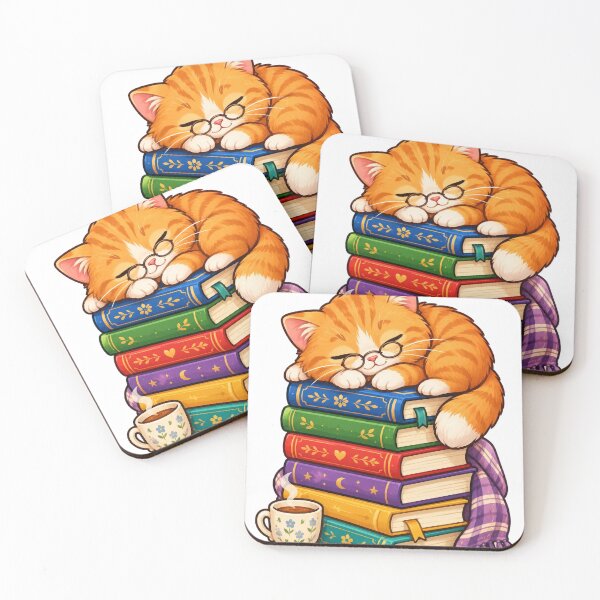 Item preview, Cute Orange Cat Sleeping on Books - Book Lover Cat with Glasses and Tea designed and sold by SaeedArtStudio.