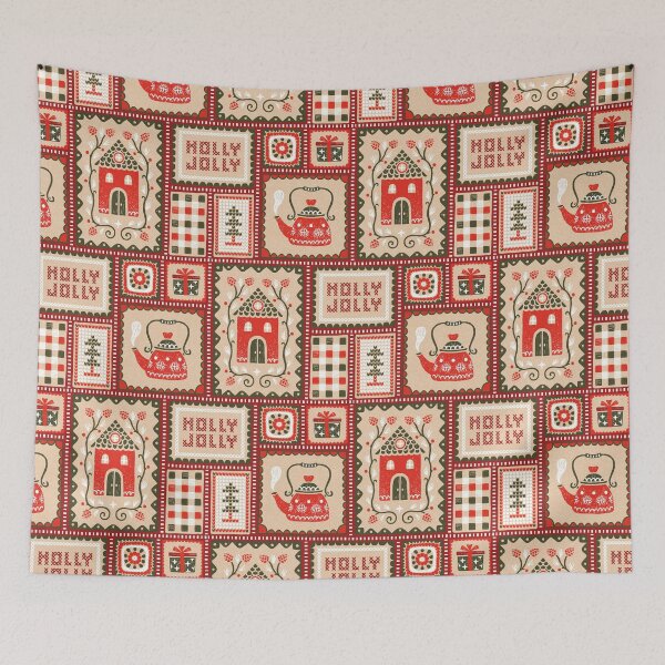 Item preview, Cottage christmas patchwork pattern for tea lovers, Cozy retro cottage in red green cream beige designed and sold by Miss-Belle.
