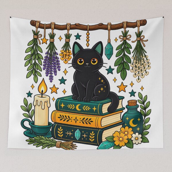 Item preview, Cottage Witch Black Cat on Spellbooks With Herbs designed and sold by aliyehc.