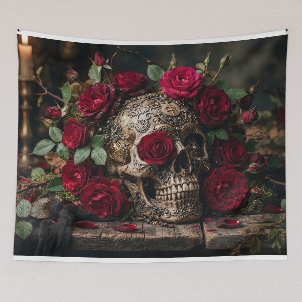 Item preview, Gothic Romance: Crimson Roses and Ornate Skull Still Life designed and sold by TeeBeeDesigns.