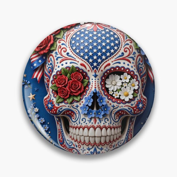 Item preview, Patriotic Sugar Skull with Red White and Blue Flowers — USA Calavera on Blue designed and sold by Stevercortinas.