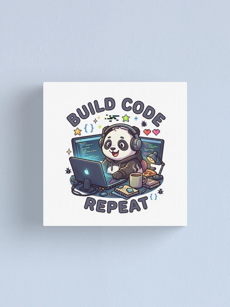 Thumbnail 1 of 3, Canvas Print, Build Code Repeat Cute Gamer Panda Coder Sticker designed and sold by GenZStickerHub1.
