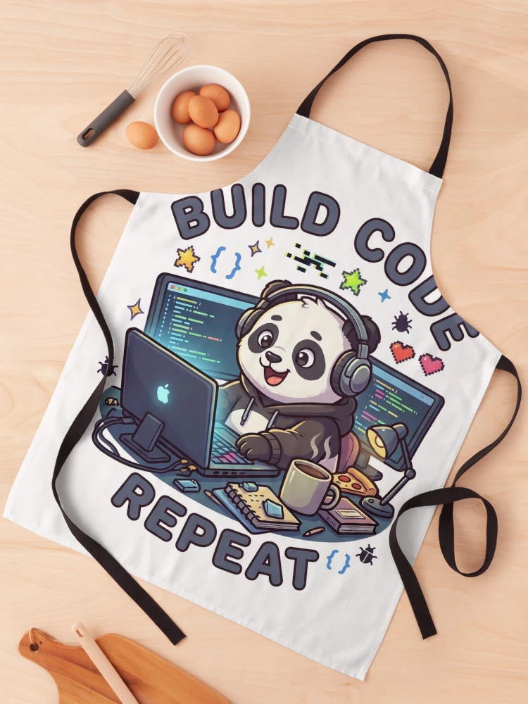 Thumbnail 1 of 6, Apron, Build Code Repeat Cute Gamer Panda Coder Sticker designed and sold by GenZStickerHub1.