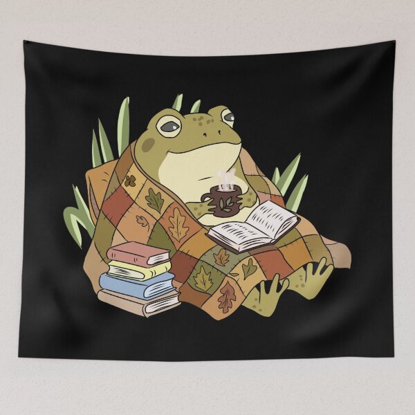 Item preview, Frog Reading Book Under Quilt Blankets Drinking Coffee Cottagecore Illustration designed and sold by LeshanArt.