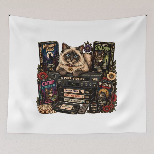Item preview, Purr Video Retro VHS Movie Cat Art designed and sold by Old's Cool Cat Studio.