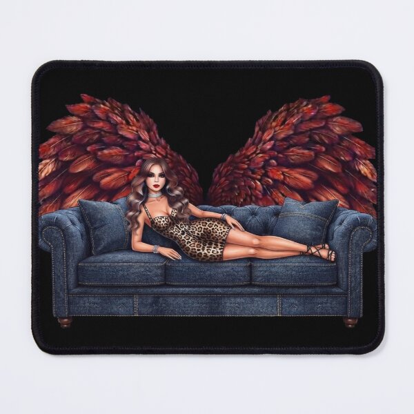 Item preview, Glamorous Angel Girl On Denim Sofa With Red Wings designed and sold by MaRCAStro.