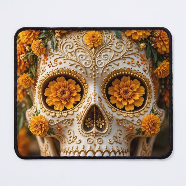 Item preview, Sugar Skull Covered in Gold Marigolds — Traditional Day of the Dead Calavera with Golden Designs designed and sold by Stevercortinas.