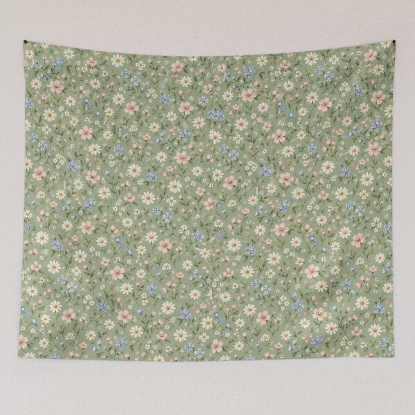 Item preview, Sage Green Wildflowers Pink Daisies Cottagecore Floral Pattern designed and sold by KokoDeez.