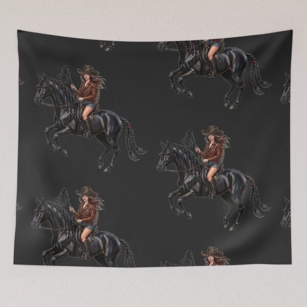 Item preview, Glamorous Cowgirl Riding Black Horse Western Art designed and sold by MaRCAStro.