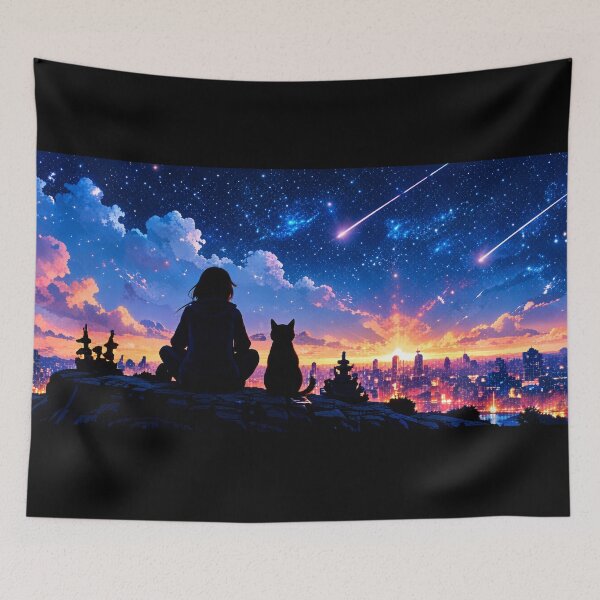 Item preview, Starlit City Overlook with Cat – Anime Sunset Dreamscape designed and sold by Nyxara_1700.