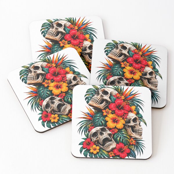 Item preview, Tropical Skulls Hibiscus Flowers Dark Tattoo Art designed and sold by ModernPrints Lab.
