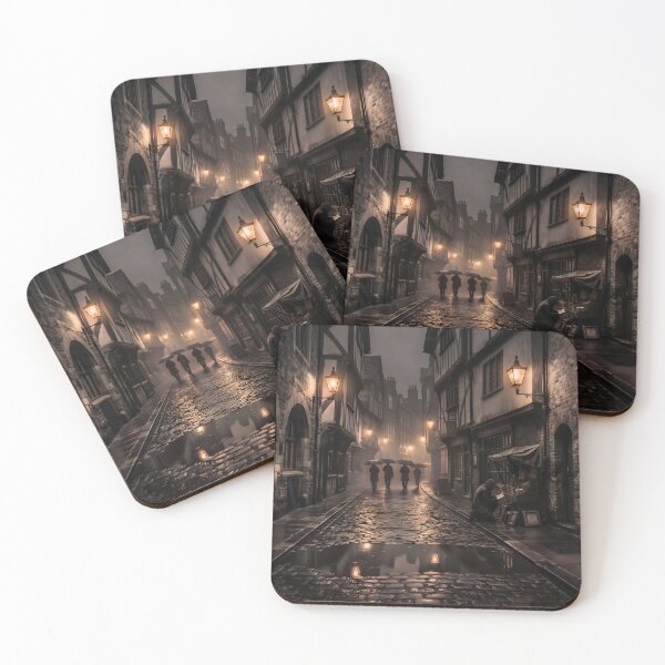 Item preview, Atmospheric Medieval Street Scene At Dusk In Rain designed and sold by TeeBeeDesigns.