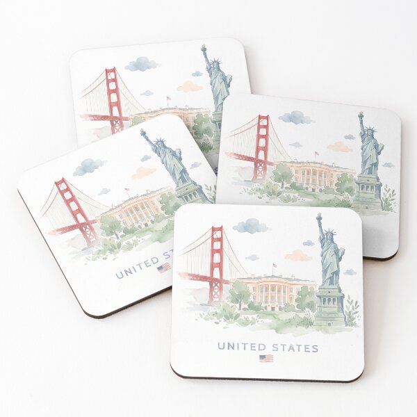 Item preview, USA Landmarks Watercolor Art - Statue of Liberty Golden Gate Bridge White House designed and sold by ARTROGAN.
