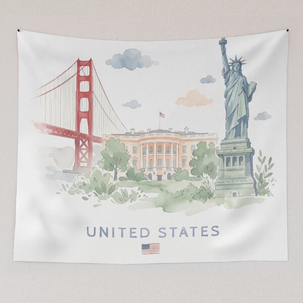 Item preview, USA Landmarks Watercolor Art - Statue of Liberty Golden Gate Bridge White House designed and sold by ARTROGAN.