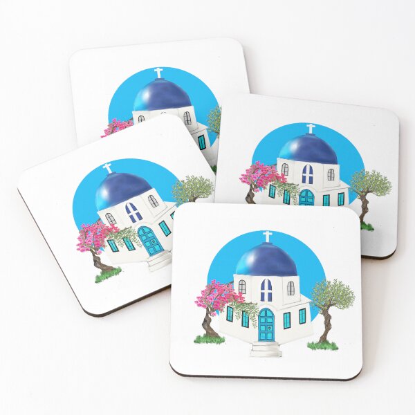 Item preview, Blue Dome Church — Greek Island Icon with Bougainvillea and Olive Tree designed and sold by Cobalt & Stone Art.