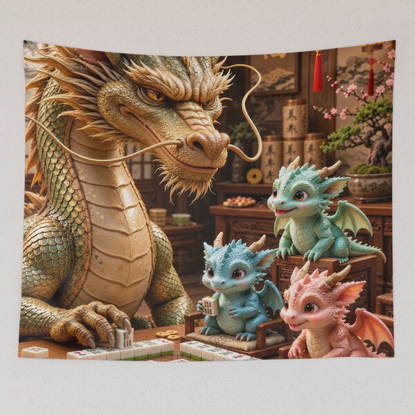 Item preview, Chinese Dragon Family Playing Mahjong – Cute Baby Dragons Asian Fantasy Art designed and sold by DrakariArt.