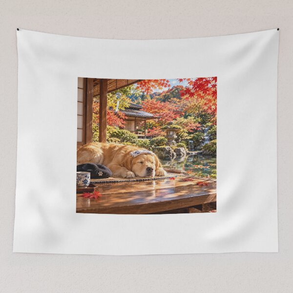 Item preview, Golden Retriever Relaxing in a Japanese Autumn Garden – Peaceful Dog Art designed and sold by CHANNELZIPANG.