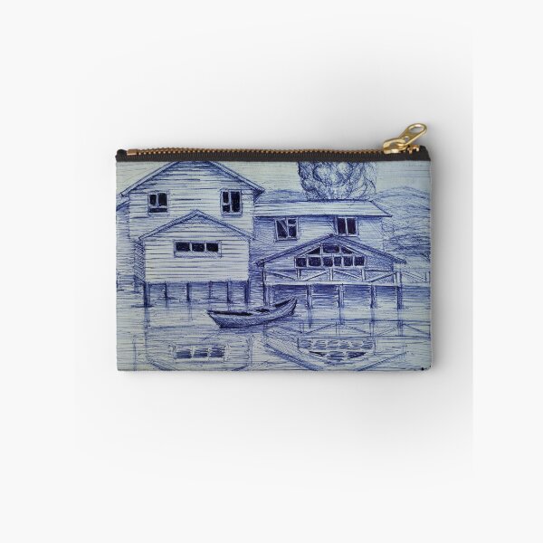 Item preview, Cozy Lake House Ballpoint Pen Sketch - Hand Drawn Cabin and Boat designed and sold by Sky-99.