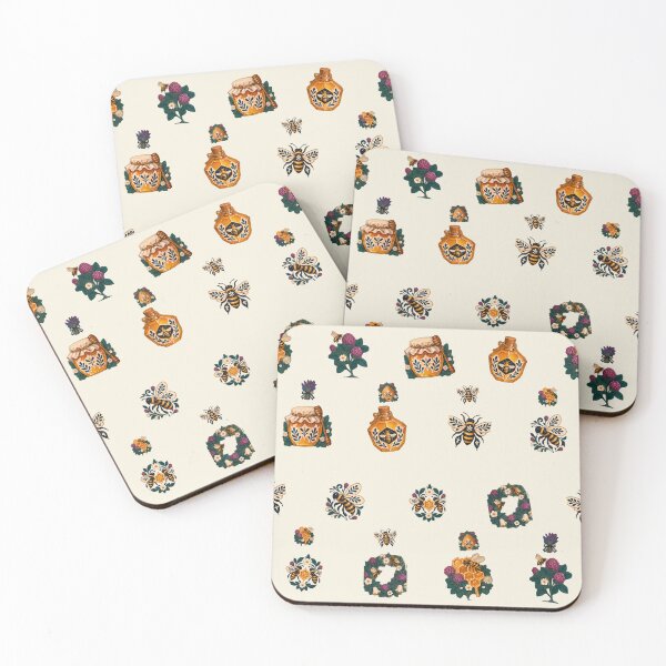 Item preview, Cream Honeybee Pattern with Honey Jars and Clover designed and sold by H. Doucette Studio.