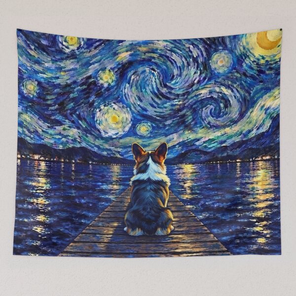 Item preview, Funny Tri Color Corgi Starry Night Painting Bridge Star Mom Dad Kids designed and sold by FurryHavenPH.