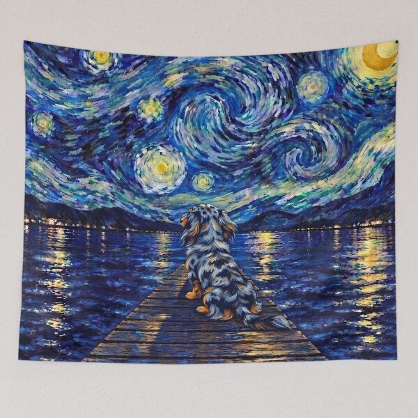 Item preview, Funny Tri Merle Dachshund Starry Night Painting Bridge Star Mom Dad Kids designed and sold by FurryHavenPH.