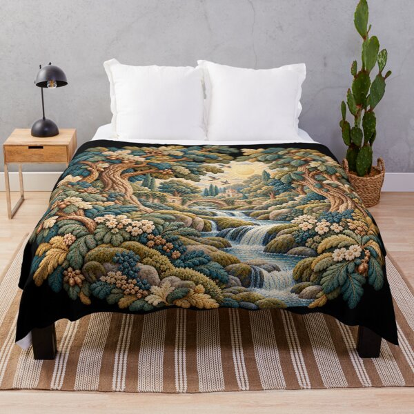 Item preview, Enchanted Woodland Waterfall – French Aubusson Tapestry Inspired Embroidered Forest Art designed and sold by Emoji Emblems.